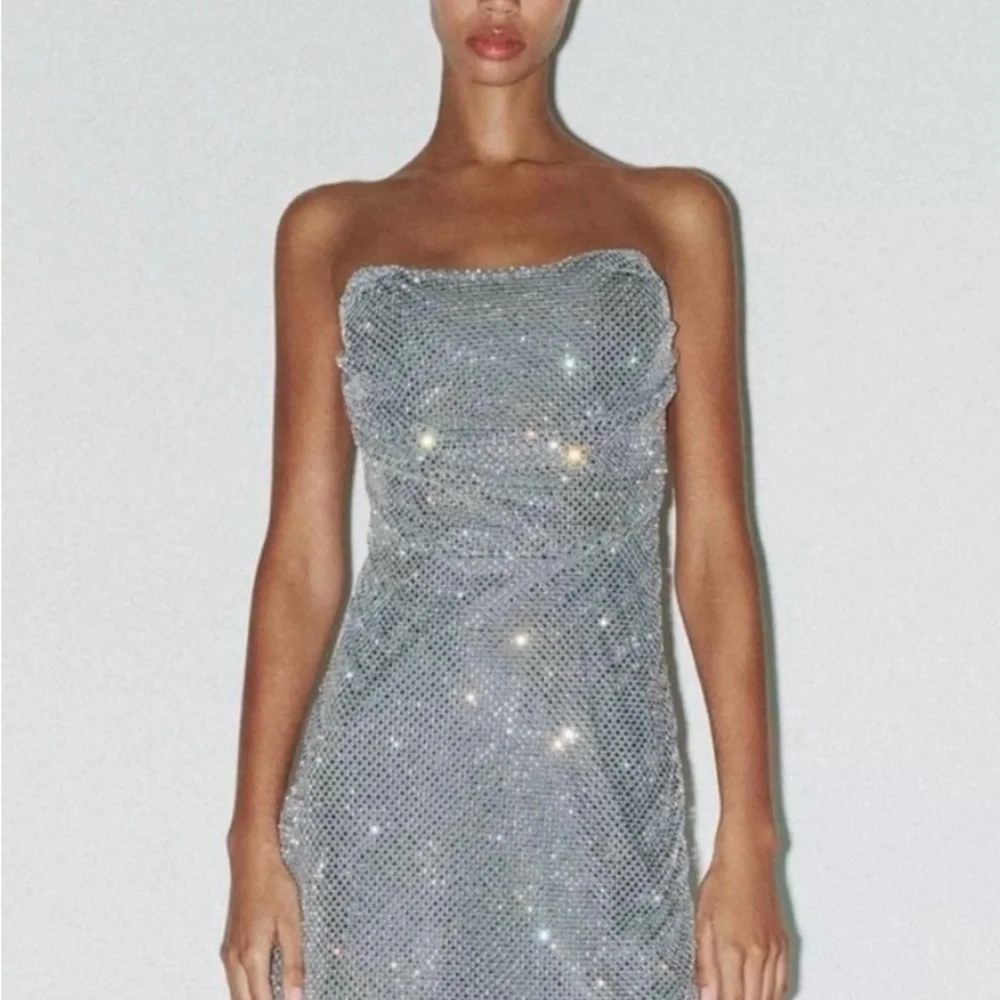 ZARA Metallic Silver Strapless Dress - Picture 1 of 11